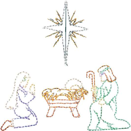 Fraser Hill Farm -  Christmas Outdoor LED Lights, 4-PC. Nativity w/ Star (51-inchx 36-inch), Joseph (51-inchx 34-inch), Mary (43-inchx 33-inch) & Baby Jesus (37-inch x 32-inch)