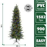 Fraser Hill Farm -  9 Ft. Carmel Pine Slim Artificial Christmas Tree with Multi-Color LED String Lighting