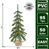 Fraser Hill Farm -  3-ft. Downswept Farmhouse Fir Christmas Tree with Burlap Bag and Warm White LED Lights, Set of 2