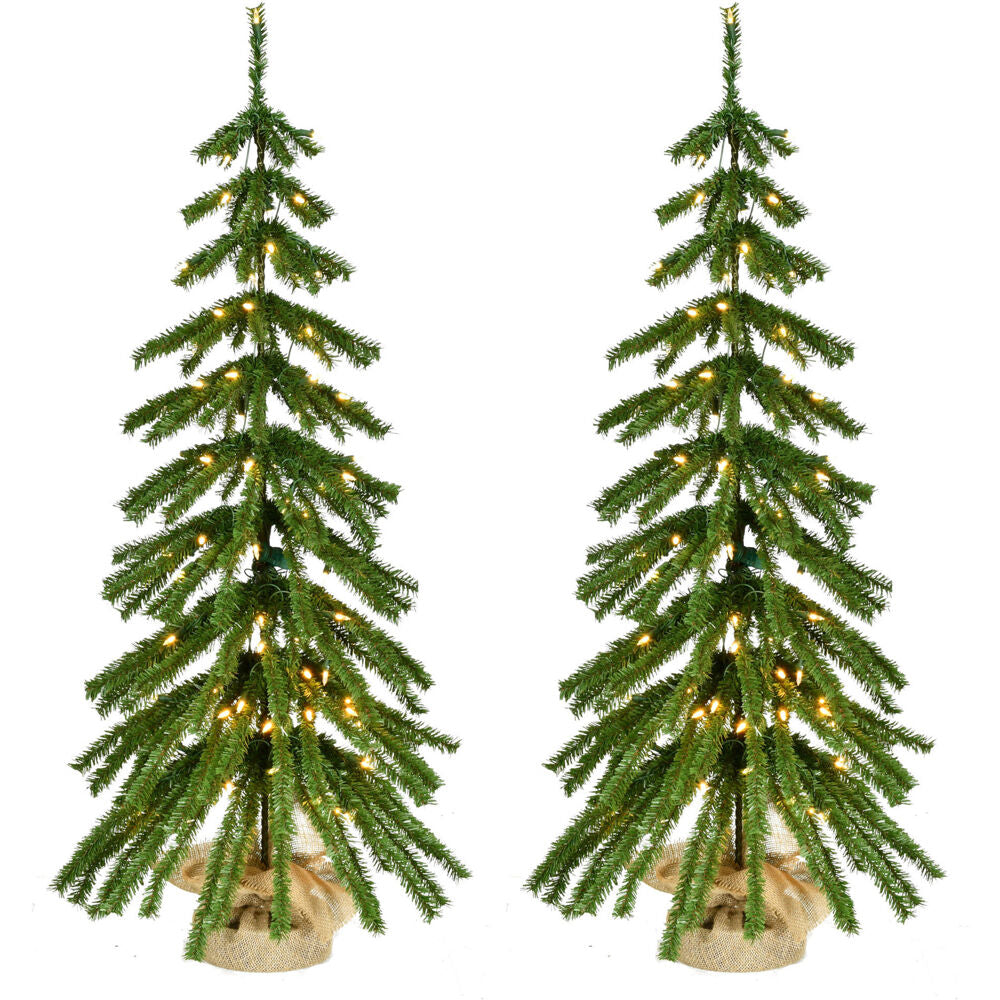 Fraser Hill Farm -  4-ft. Downswept Farmhouse Fir Christmas Tree with Burlap Bag and Warm White LED Lights, Set of 2