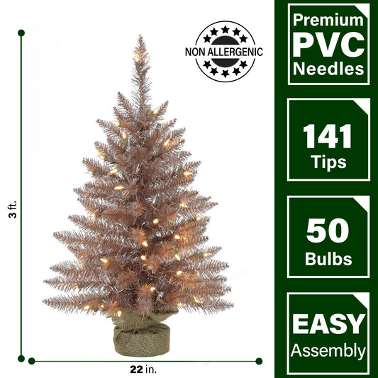 Fraser Hill Farm -  3-ft. Festive Tinsel Christmas Tree with Burlap Bag and Warm White LED Lights, Blush