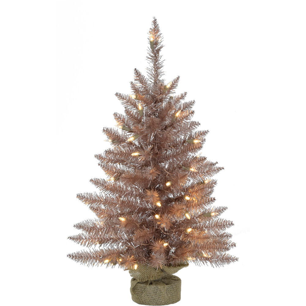 Fraser Hill Farm -  4-ft. Festive Tinsel Christmas Tree with Burlap Bag and Warm White LED Lights, Blush