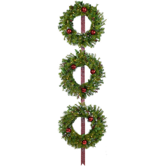Fraser Hill Farm -  Set of 3 Holly Berry 24-In. Wreaths with Ornaments and 150 Battery-Operated LED Lights for Indoor and Outdoor Displays