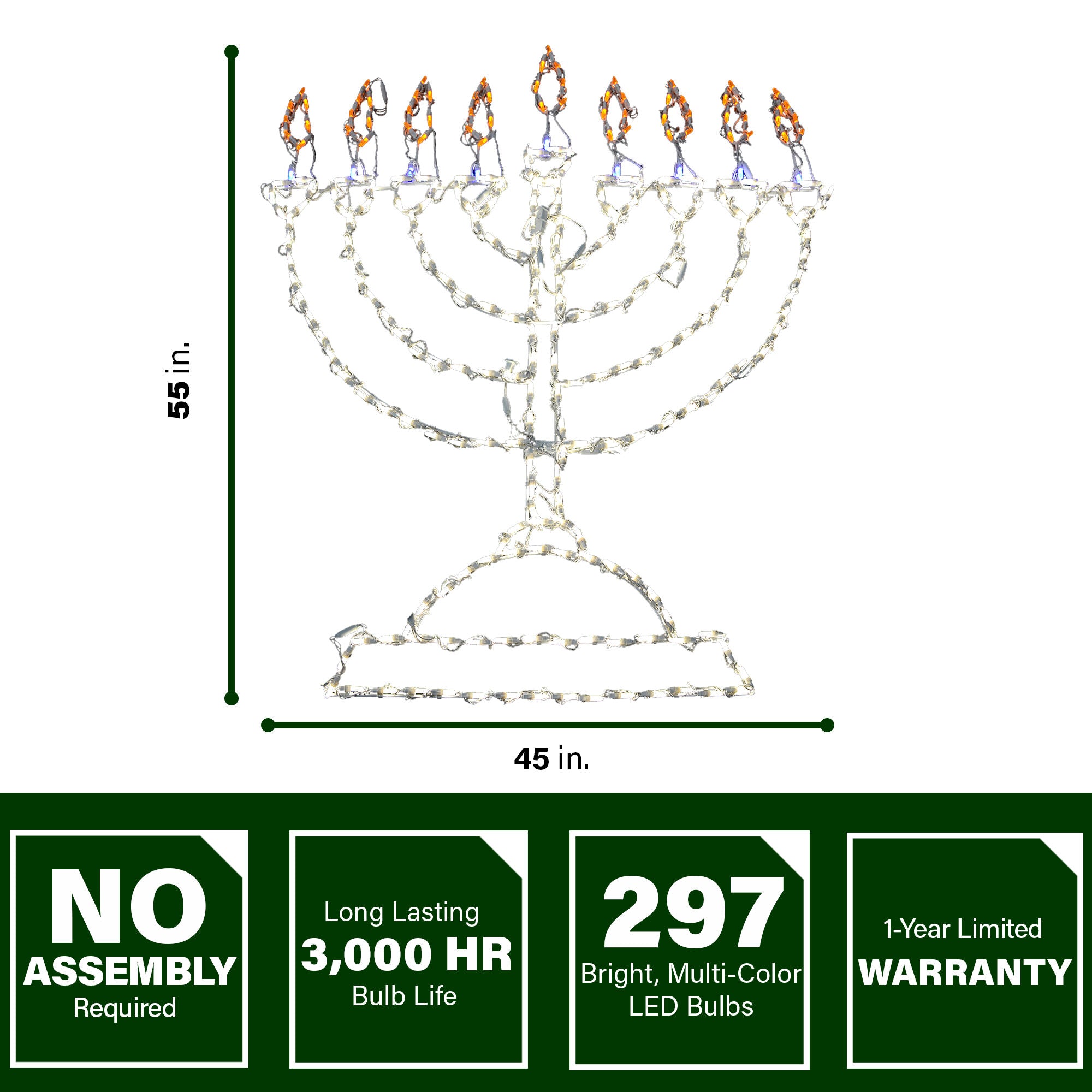 Fraser Hill Farm -  55-In. H x 45-In. W Hanukkah Menorah Giant Indoor/Outdoor Sign with 297 LED Lights