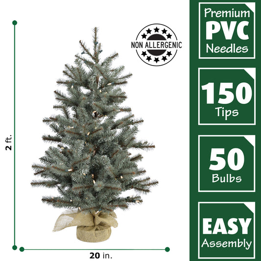 Fraser Hill Farm -  Set of Two 2-Ft. Heritage Pine Artificial Trees with Burlap Bases and Battery-Operated LED String Lights