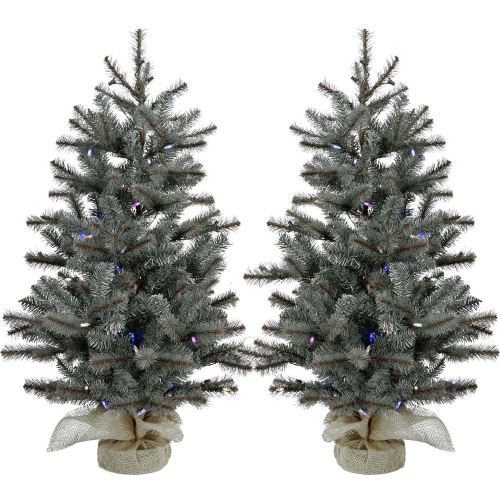 Fraser Hill Farm -  Set of Two 3-Ft. Heritage Pine Artificial Trees with Burlap Bases and Multi-Colored LED String Lights