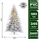 Fraser Hill Farm -  6.5-ft. Snowy  Christmas Half Tree with Flock, Warm White LED, and Frosted G40 Multicolored Lighting