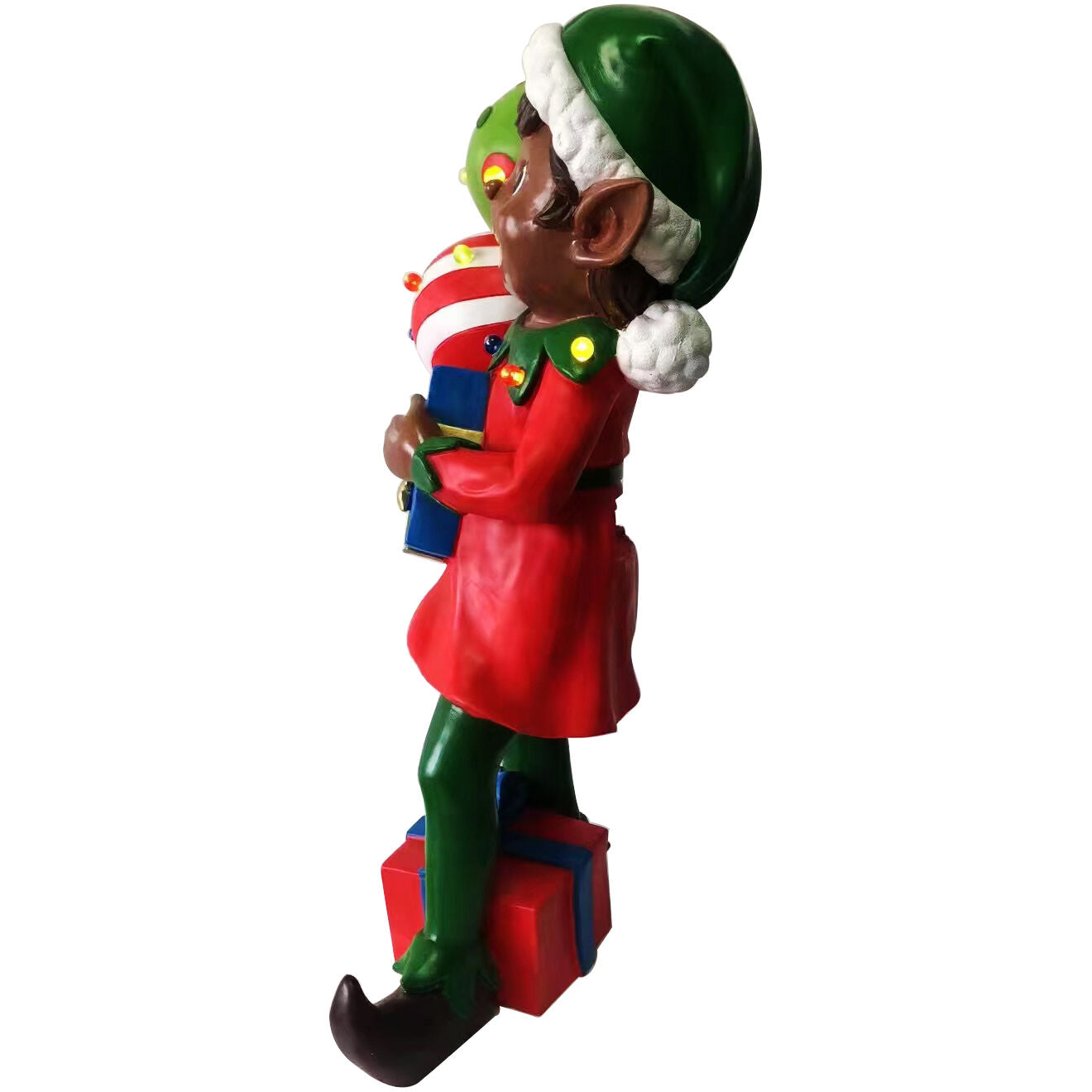 Fraser Hill Farm - 30-inch African American Elf Figurine Holding Presents with Built-in Multicolor LED Lights