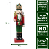 Fraser Hill Farm -  32-In. Nutcracker Holding Staff MGO Figurine, Festive Indoor or Covered Outdoor Christmas Holiday Decorations, Red/Green