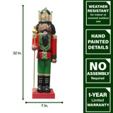 Fraser Hill Farm -  32-In. African American Nutcracker Holding Staff MGO Figurine, Festive Indoor Christmas Holiday Decorations, Red/Green
