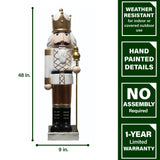 Fraser Hill Farm -  48-In. Nutcracker Holding Staff MGO Figurine, Festive Indoor Christmas Holiday Decorations, White/Gold
