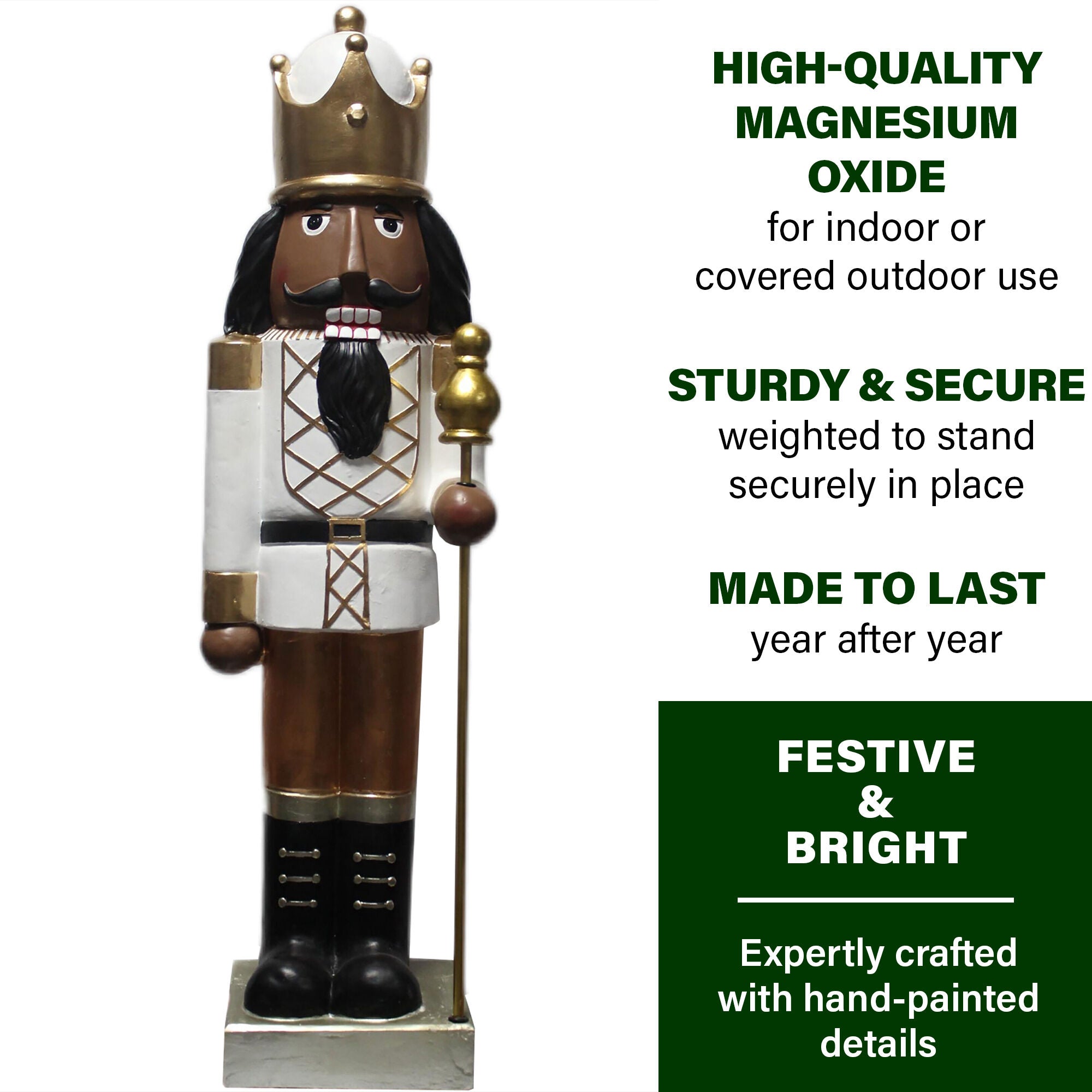 Fraser Hill Farm -  48-In. African American Nutcracker Holding Staff MGO Figurine, Festive Indoor Christmas Holiday Decorations, White/Gold