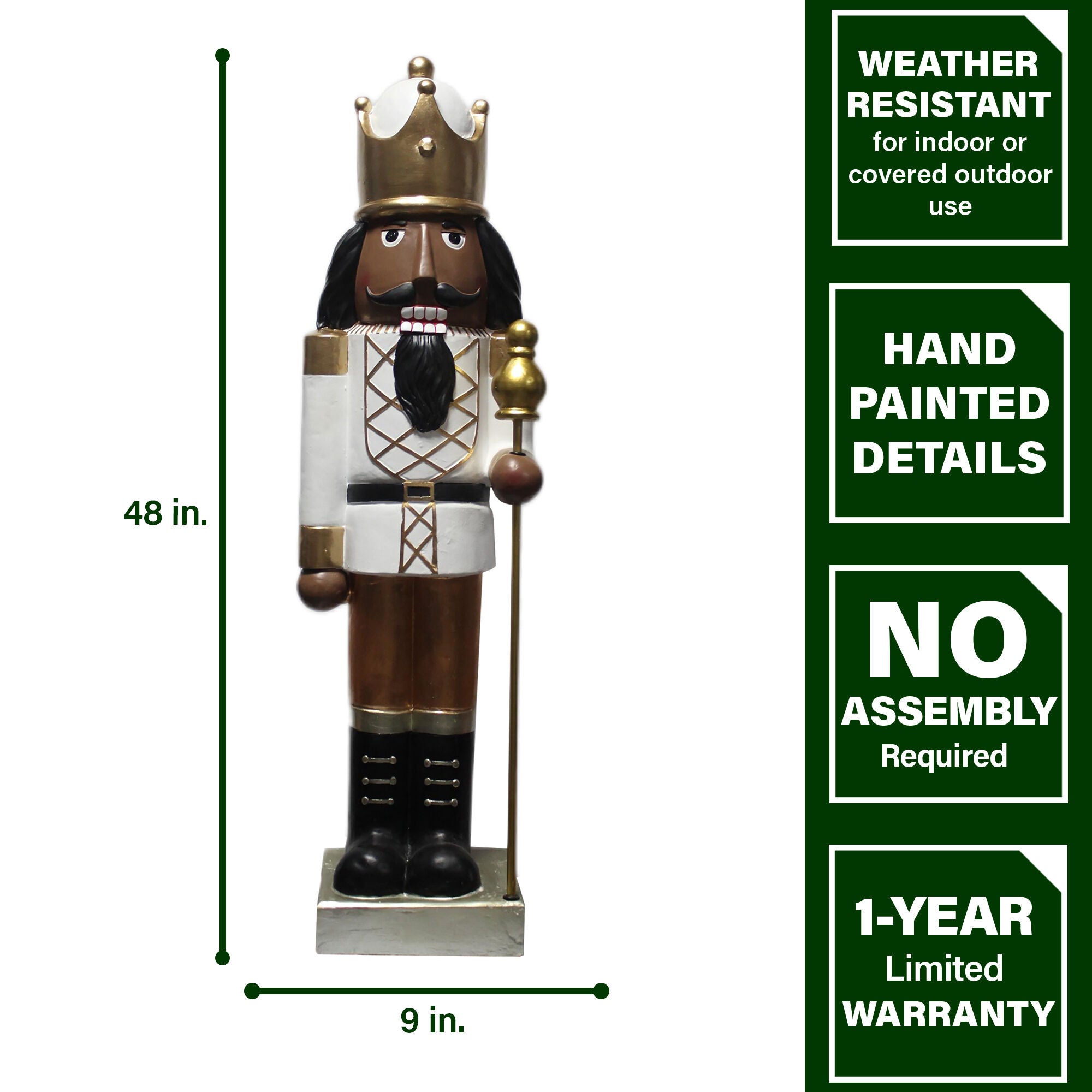 Fraser Hill Farm -  48-In. African American Nutcracker Holding Staff MGO Figurine, Festive Indoor Christmas Holiday Decorations, White/Gold