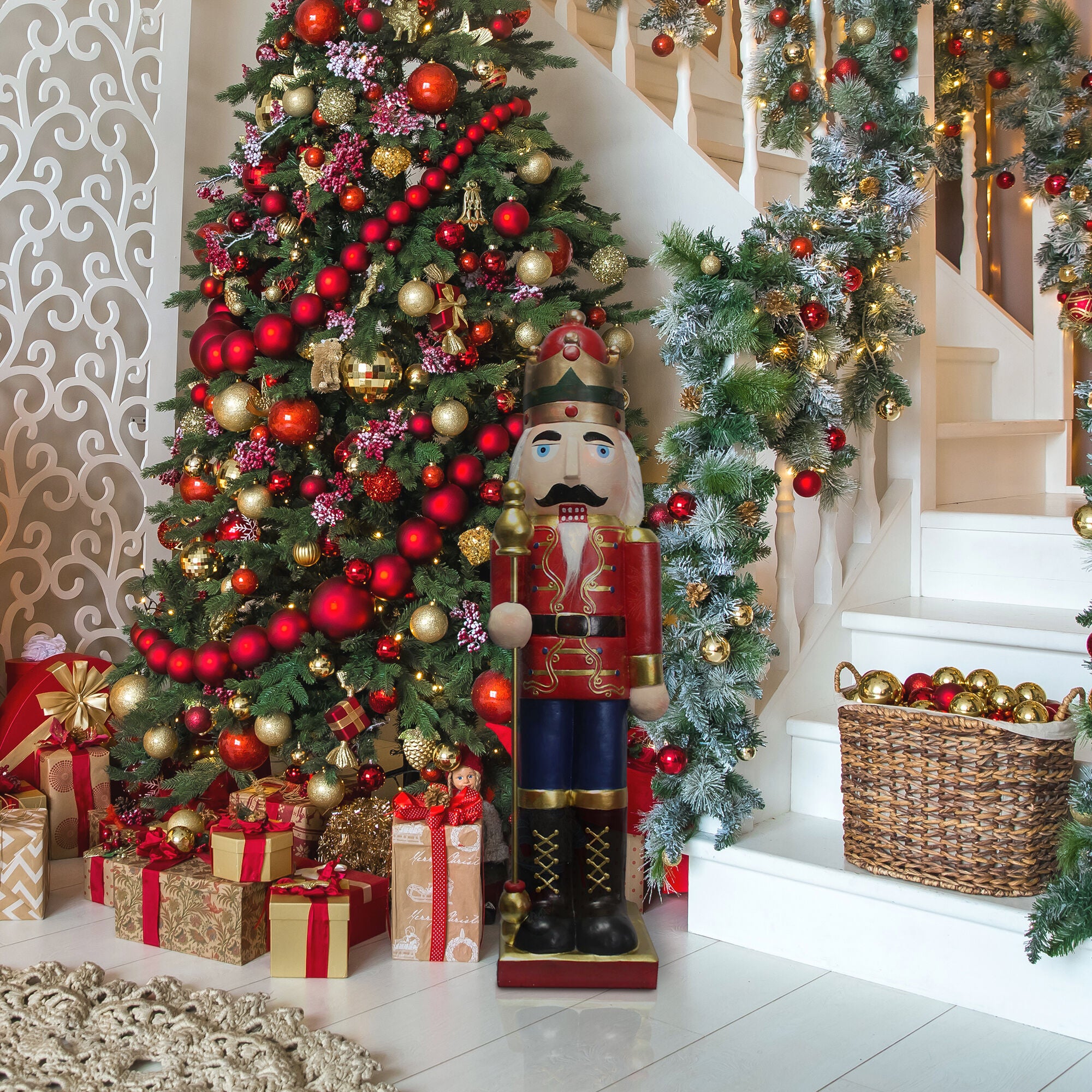 Fraser Hill Farm -  48-In. Nutcracker Holding Staff MGO Figurine, Festive Indoor Christmas Holiday Decorations, Red/Blue