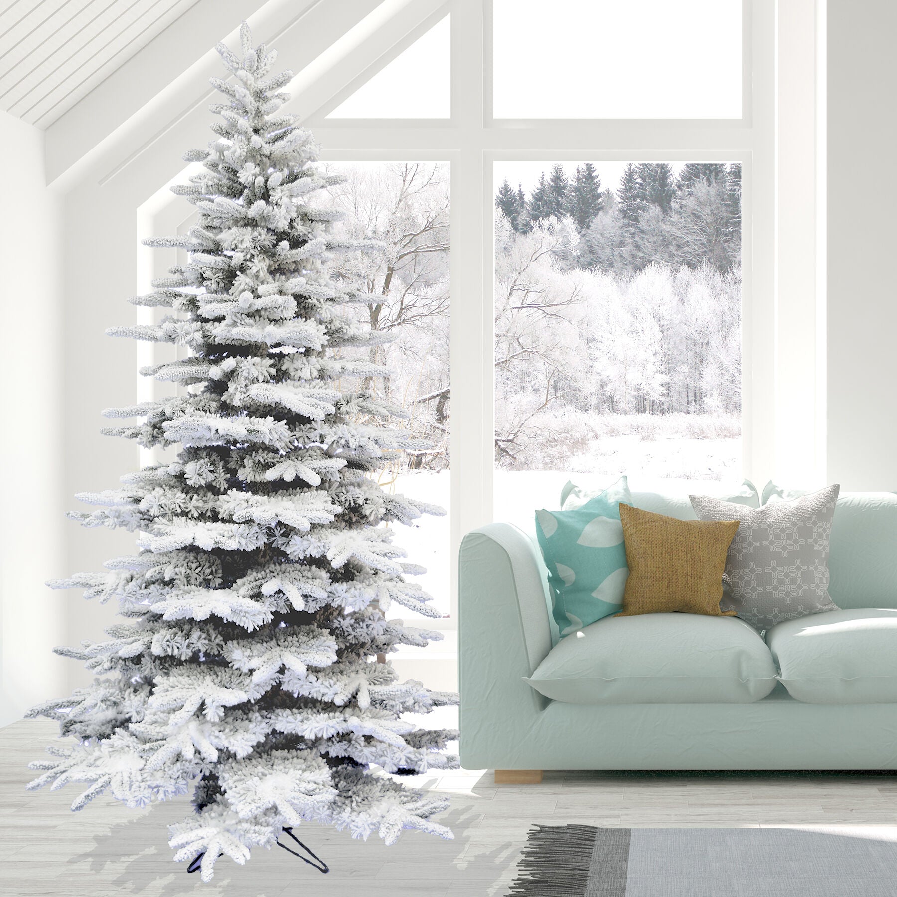 Fraser Hill Farm -  6.5-Ft. Flocked Mountain Pine Christmas Tree with Warm White LED String Lighting