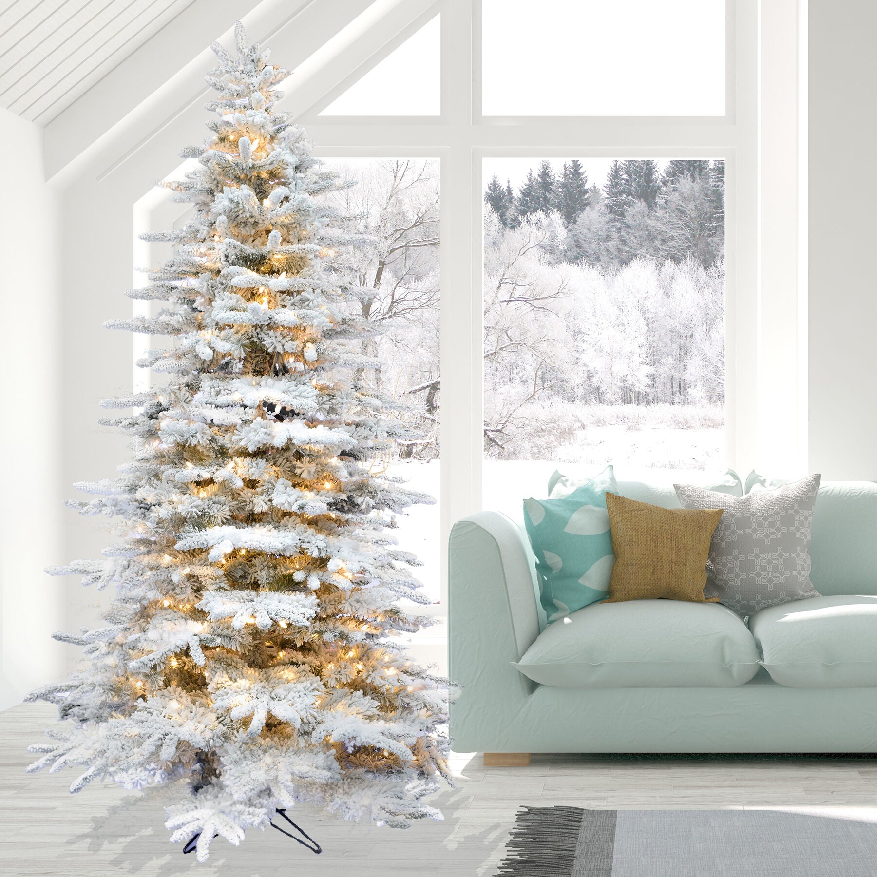 Fraser Hill Farm -  7.5-Ft. Flocked Mountain Pine Christmas Tree with Smart String Lighting