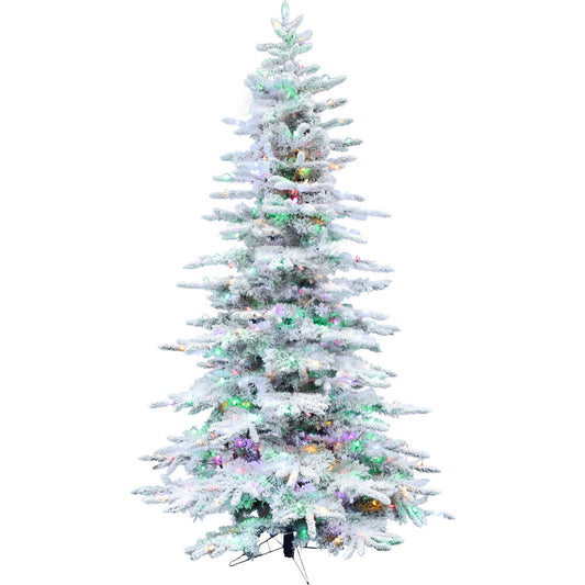 Fraser Hill Farm -  7.5-Ft. Flocked Mountain Pine Christmas Tree with EZ Connect Multi-Color LED Lighting