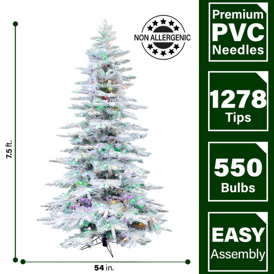 Fraser Hill Farm -  7.5-Ft. Flocked Mountain Pine Christmas Tree with EZ Connect Multi-Color LED Lighting