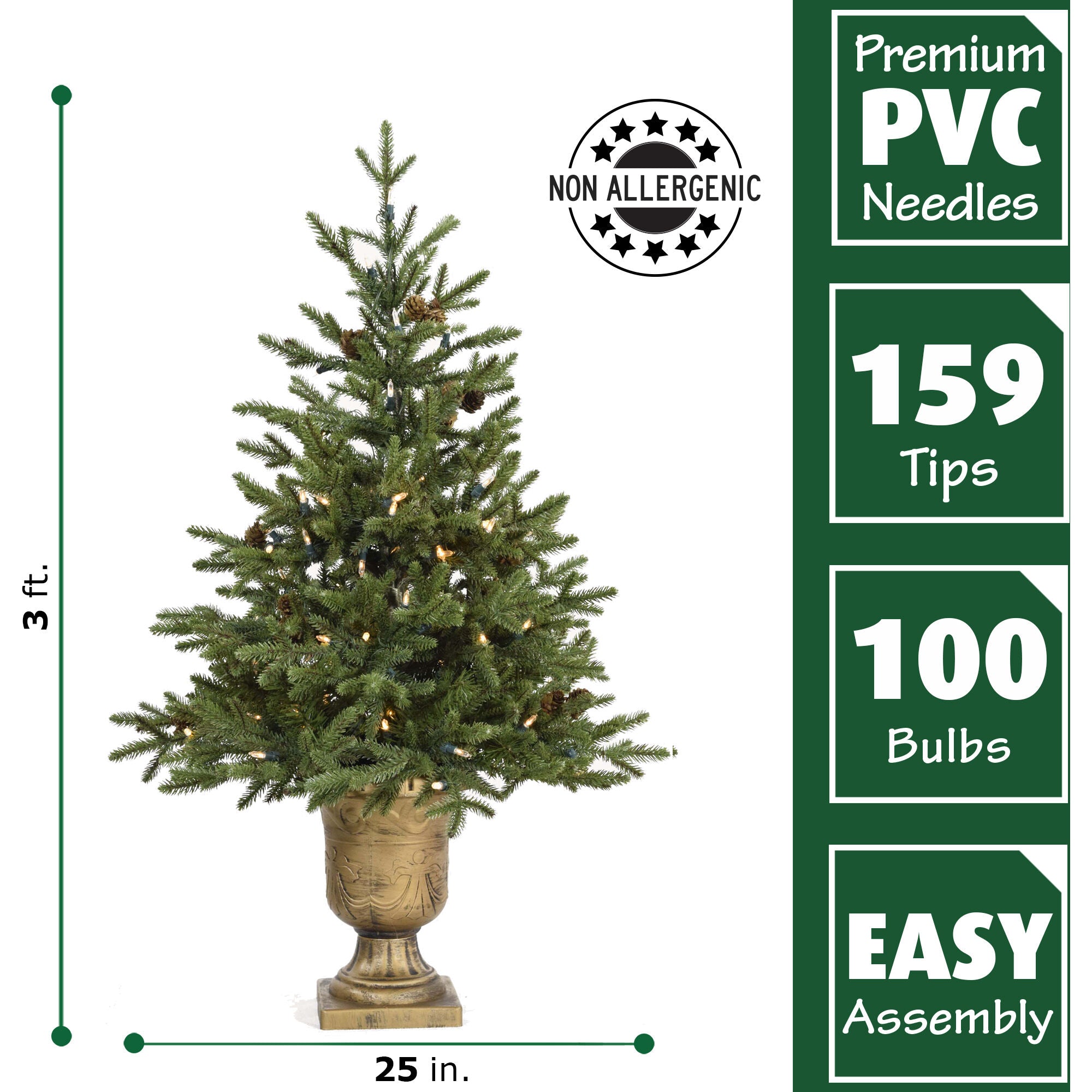 Fraser Hill Farm -  3-Ft. Noble Fir Artificial Tree with Metallic Urn Base and Battery-Operated LED String Lights