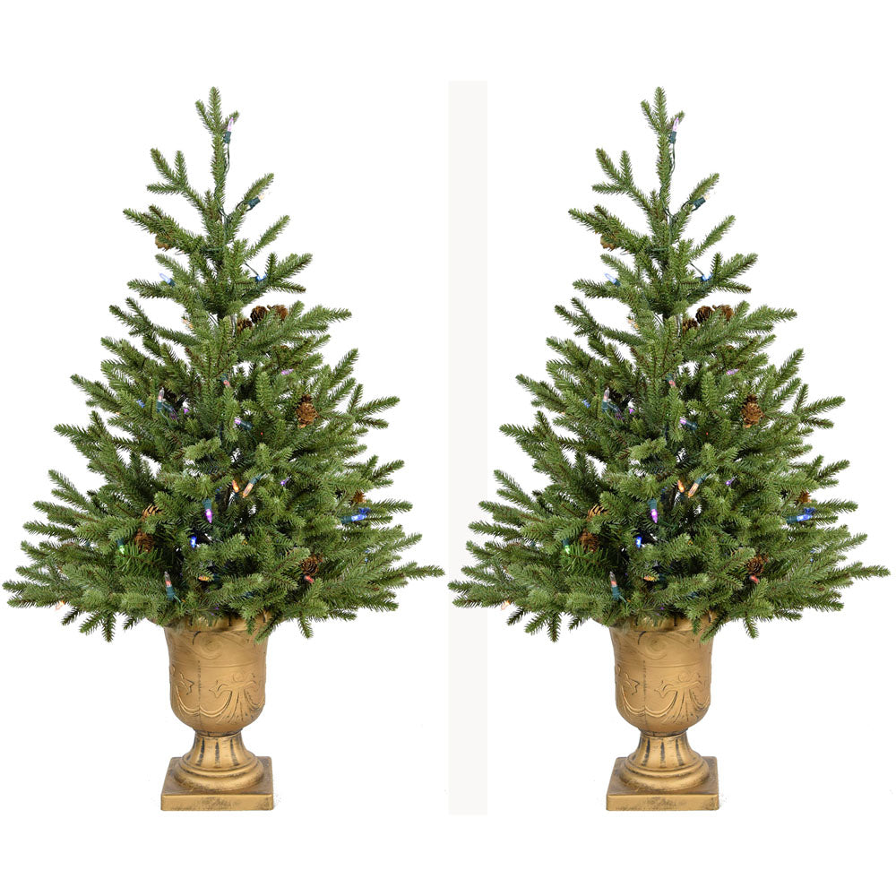 Fraser Hill Farm -  Set of Two 3-Ft. Noble Fir Artificial Trees with Metallic Urn Bases and Battery-Operated Multi-Colored LED String Lights