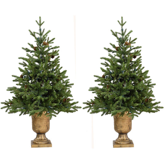 Fraser Hill Farm -  Set of Two 4-Ft. Noble Fir Artificial Trees with Metallic Urn Bases