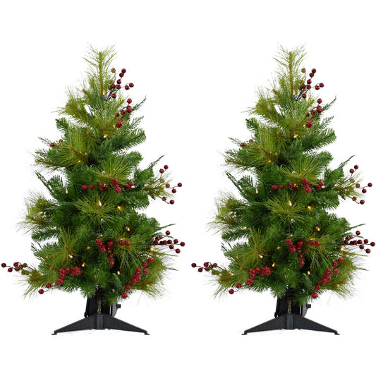 Fraser Hill Farm -  Set of Two 2-Ft. Newberry Pine Artificial Trees with Battery-Operated LED String Lights