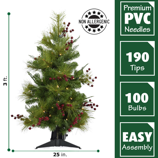 Fraser Hill Farm -  Set of Two 3-Ft. Newberry Pine Artificial Trees with Battery-Operated LED String Lights