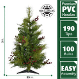 Fraser Hill Farm -  3-Ft. Newberry Pine Artificial Tree with Battery-Operated Multi-Colored LED String Lights