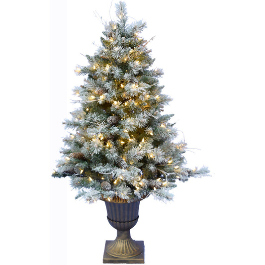 Fraser Hill Farm -  4.5-Ft. Frosted Porch Accent Tree with Pinecone Accents in Decorative Pots with Warm White Lighting