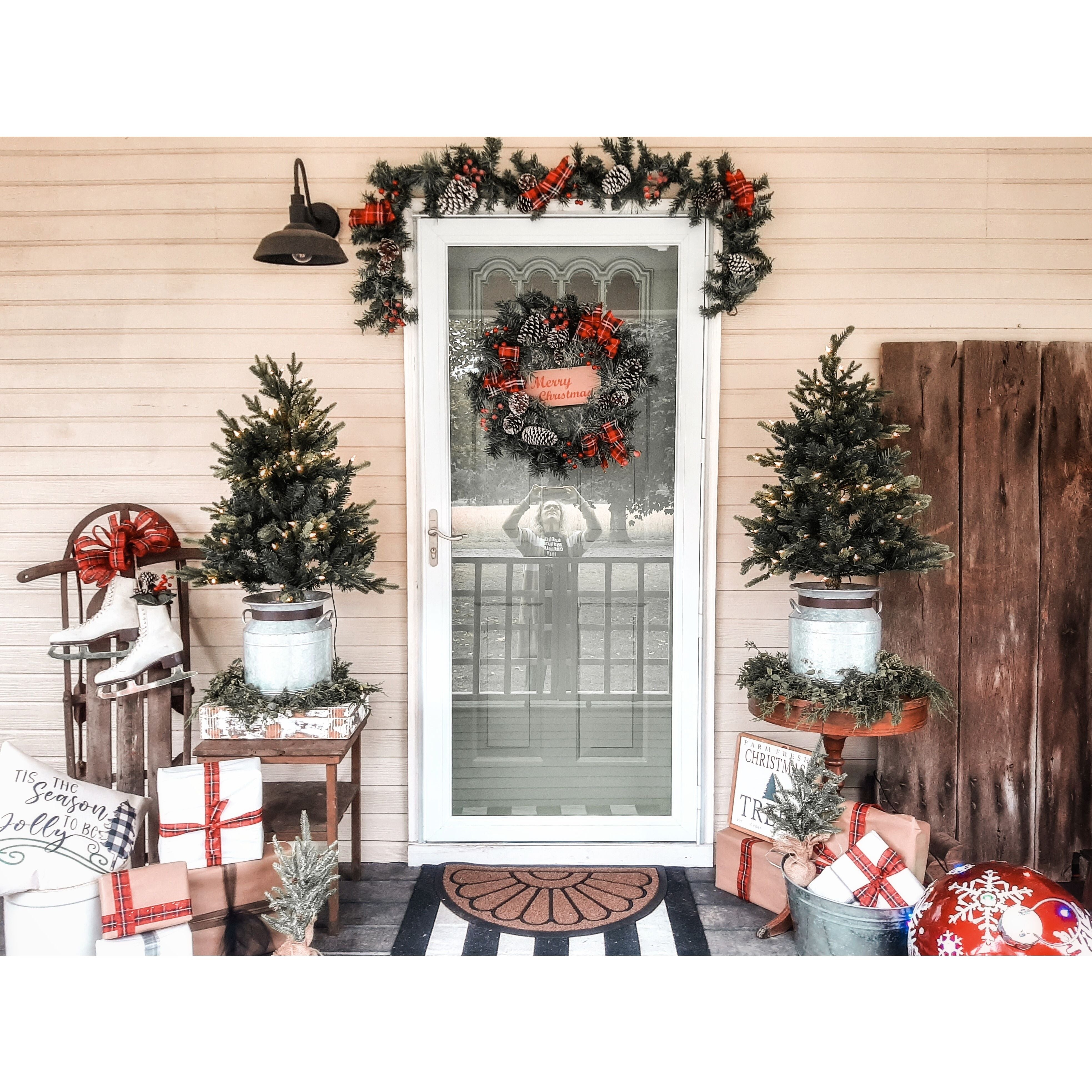 Fraser Hill Farm -  3.5-Ft. Porch Accent Tree in Rustic Farmhouse Metal Jug with Warm White LED Lighting