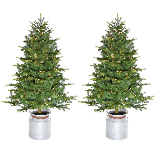 Fraser Hill Farm -  3.5-Ft. Porch Accent Tree in Rustic Farmhouse Style Metal Jug, Set of 2 with Warm White LED Lighting