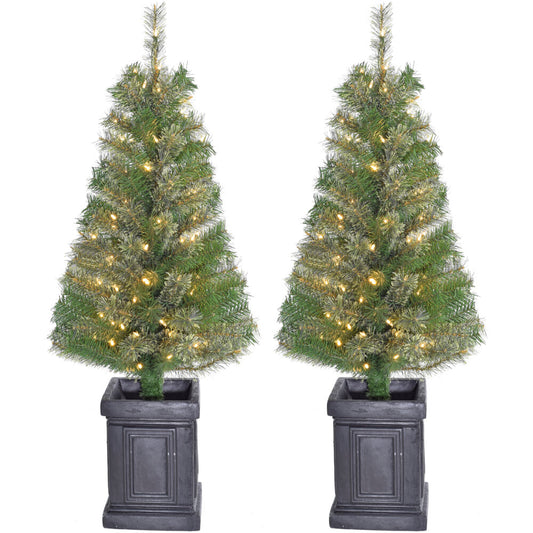 Fraser Hill Farm -  4-Ft. Set of 2 Porch Accent Tree in Black Pot with Warm White LED Lighting