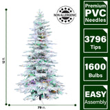 Fraser Hill Farm -  12-Ft. Flocked Pine Valley Christmas Tree with Music, Multi-Color LED String Lighting, and Remote