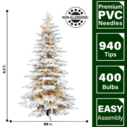 Fraser Hill Farm -  6.5-Ft. Flocked Pine Valley Christmas Tree with Warm White LED String Lighting