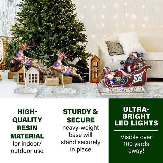 Fraser Hill Farm -  Oversized Christmas Decor with Long-Lasting LED Lights, African American Santa Sleigh and Flying Reindeer 3-Piece Set