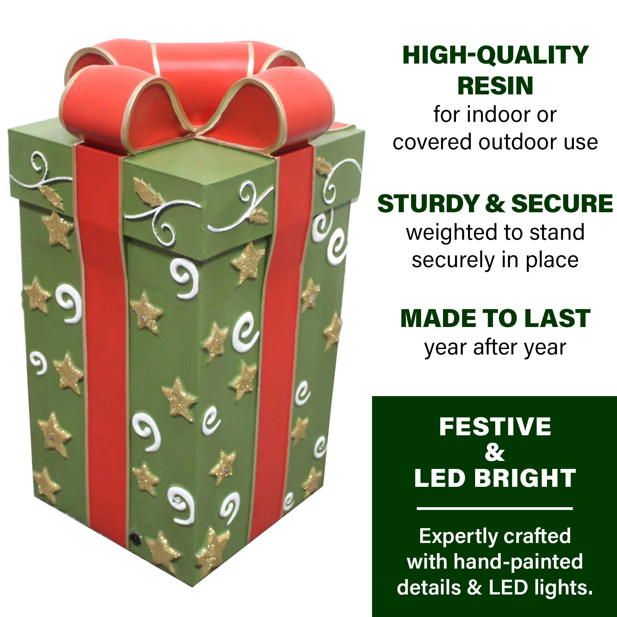 Fraser Hill Farm -  20-In. Green Square Gift Box with Red Bow and LED Lights, Festive Indoor Christmas Holiday Decorations, Plug-In