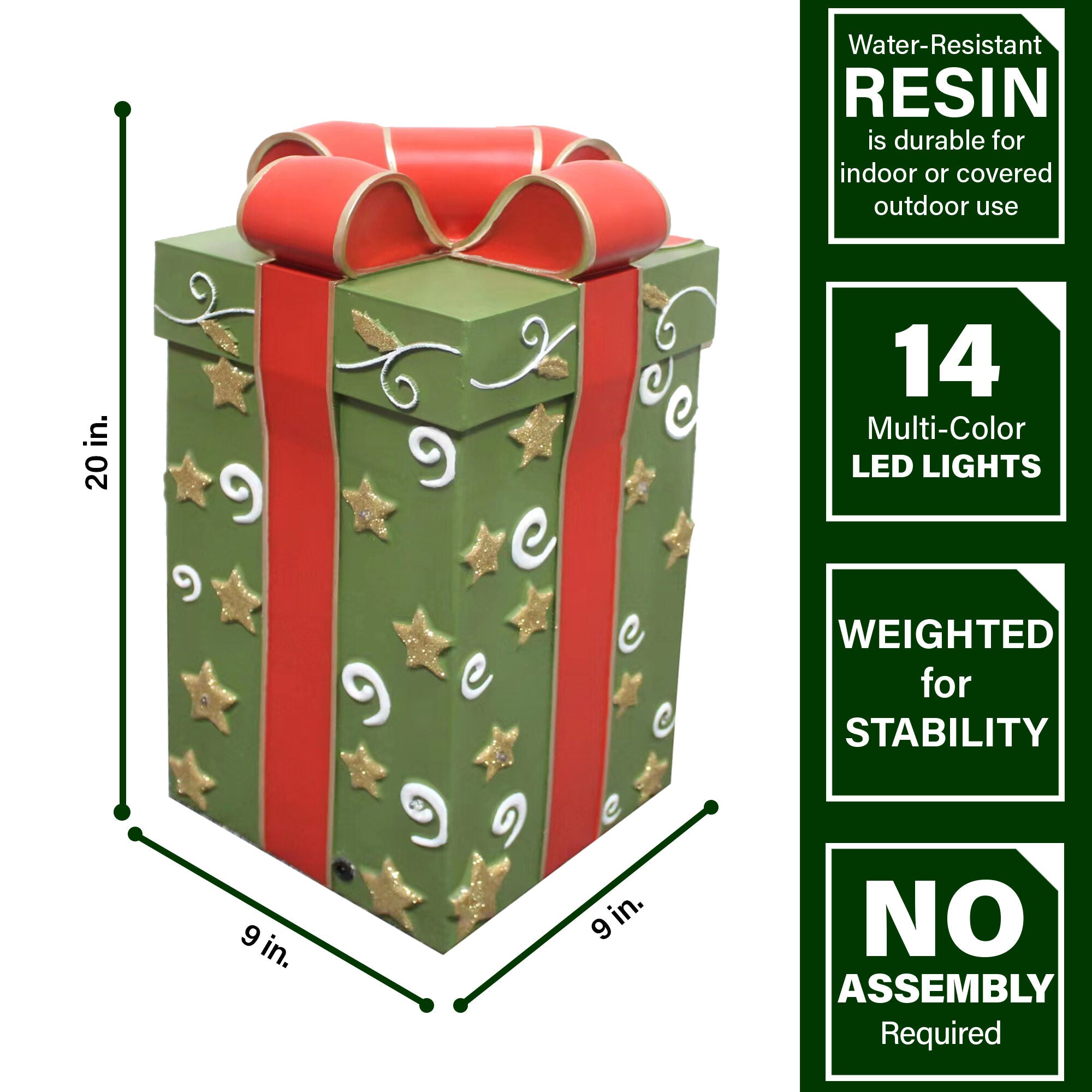 Fraser Hill Farm -  20-In. Green Square Gift Box with Red Bow and LED Lights, Festive Indoor Christmas Holiday Decorations, Plug-In