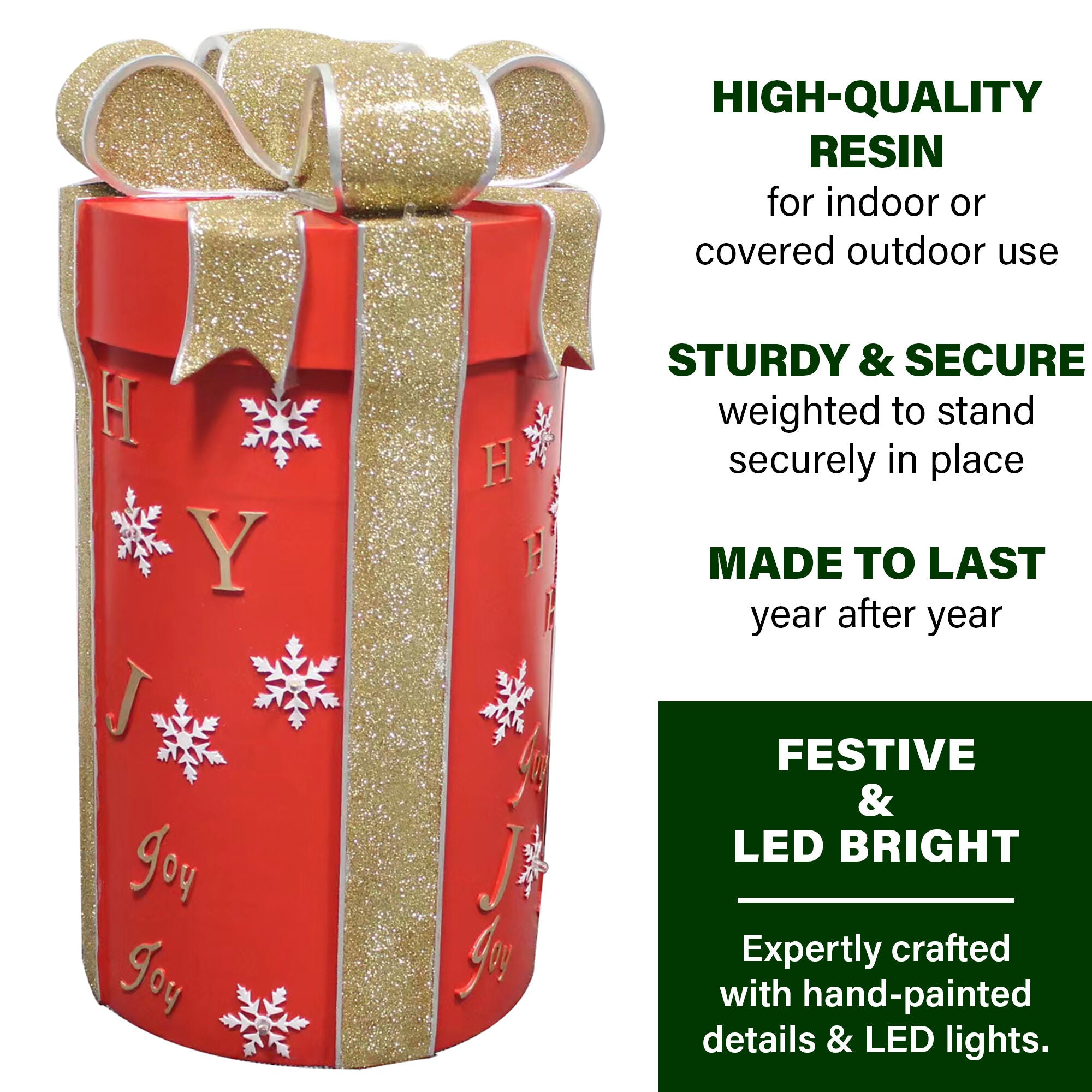 Fraser Hill Farm -  20-In. Red Round Gift Box with Gold Bow and LED Lights, Festive Indoor Christmas Holiday Decorations, Plug-In