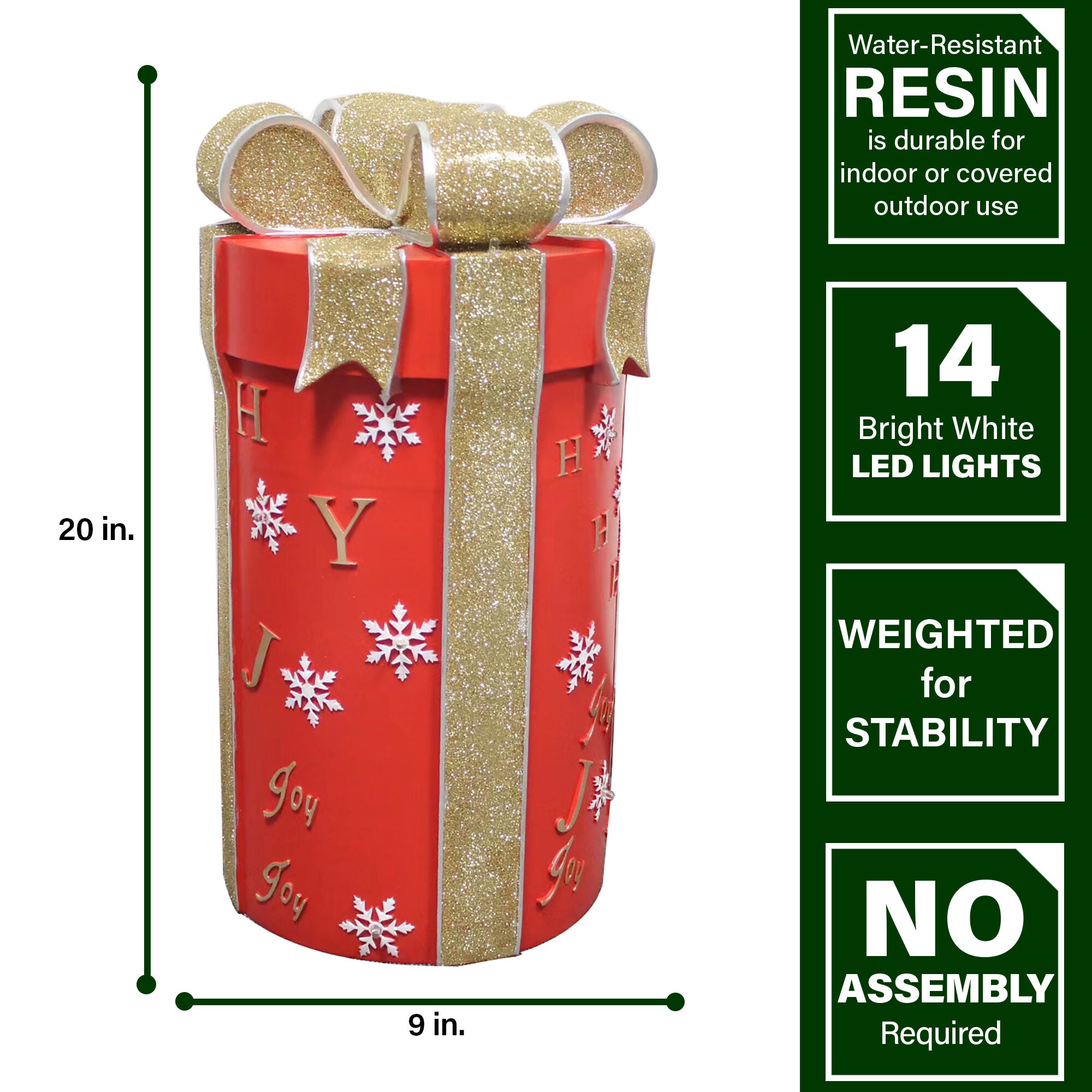 Fraser Hill Farm -  20-In. Red Round Gift Box with Gold Bow and LED Lights, Festive Indoor Christmas Holiday Decorations, Plug-In