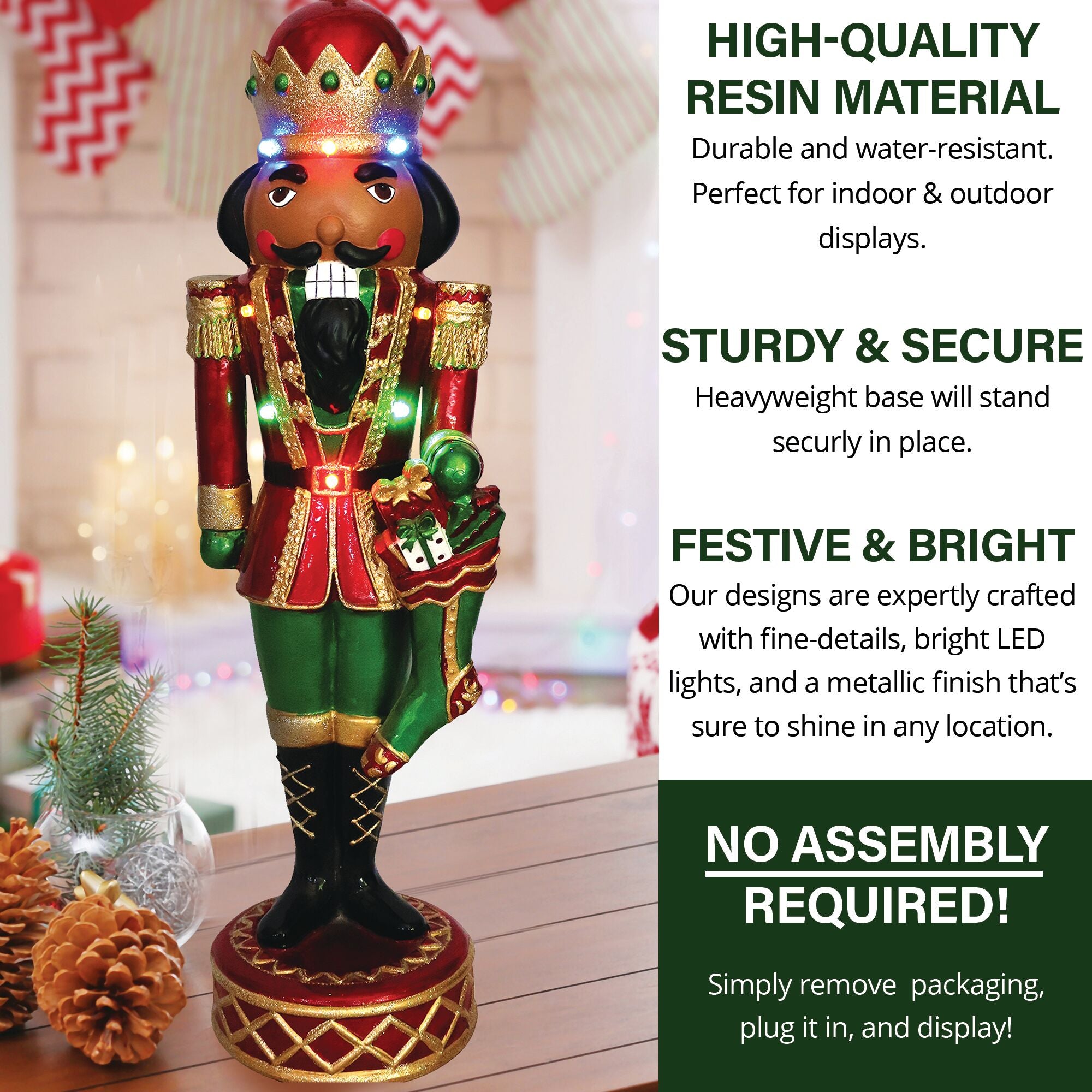 Fraser Hill Farm -  22-Inch Indoor/Outdoor Musical Christmas African American Nutcracker with Bright, Multi-Color LED Lights and Metallic Finish