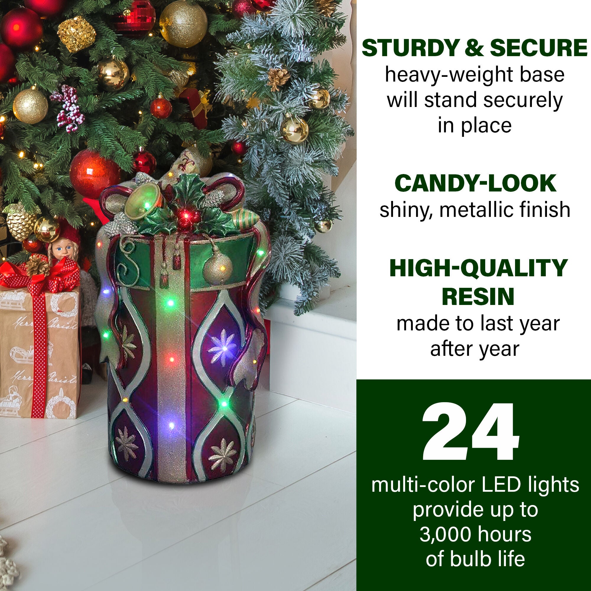 Fraser Hill Farm -  Indoor/Outdoor Oversized Christmas Decor with Long-Lasting LED Lights, 26-inch Tall Round Gift Box with Bow in Red/Gold