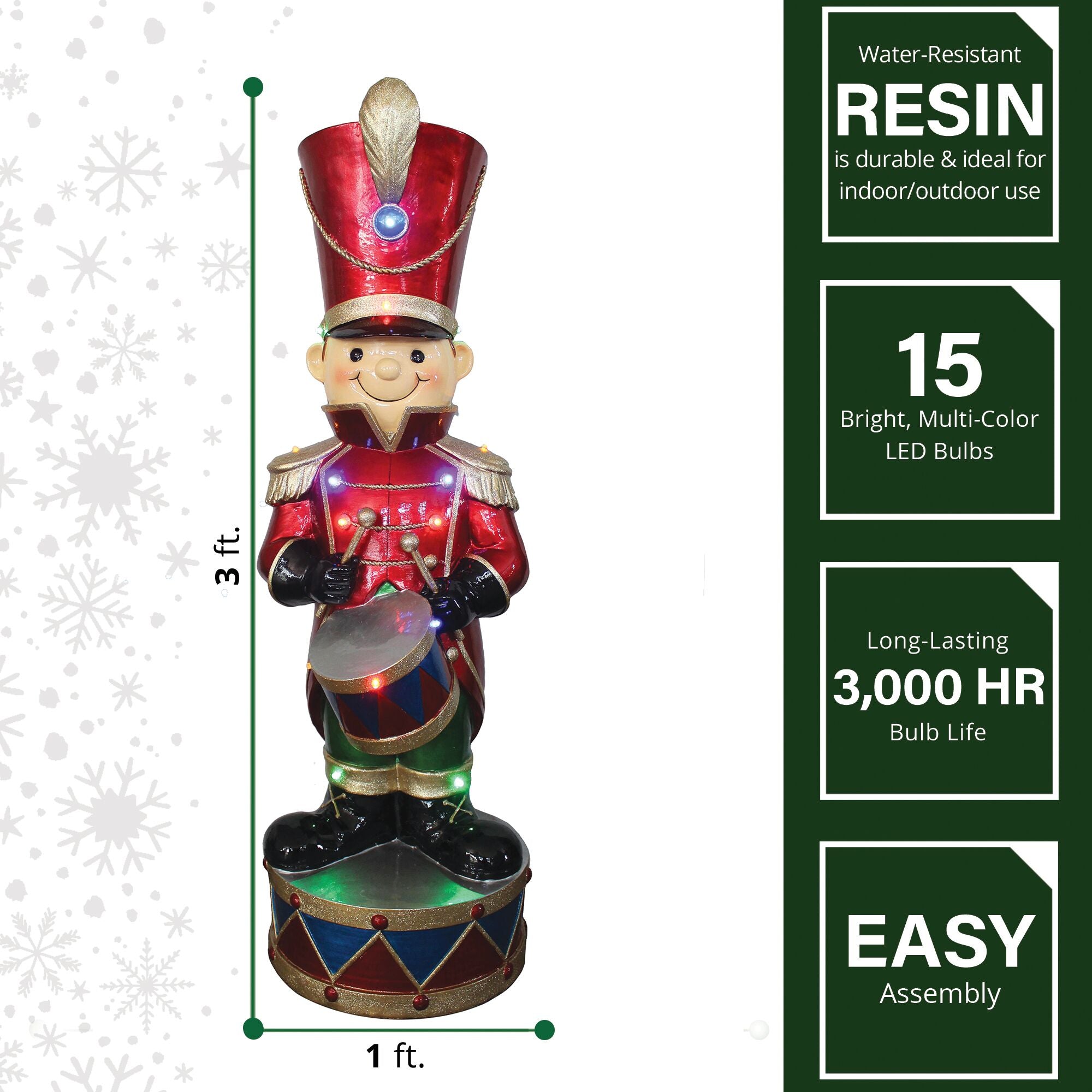 Fraser Hill Farm -  3-Ft. Christmas Toy Soldier Statue with Multi-Color LED Lights