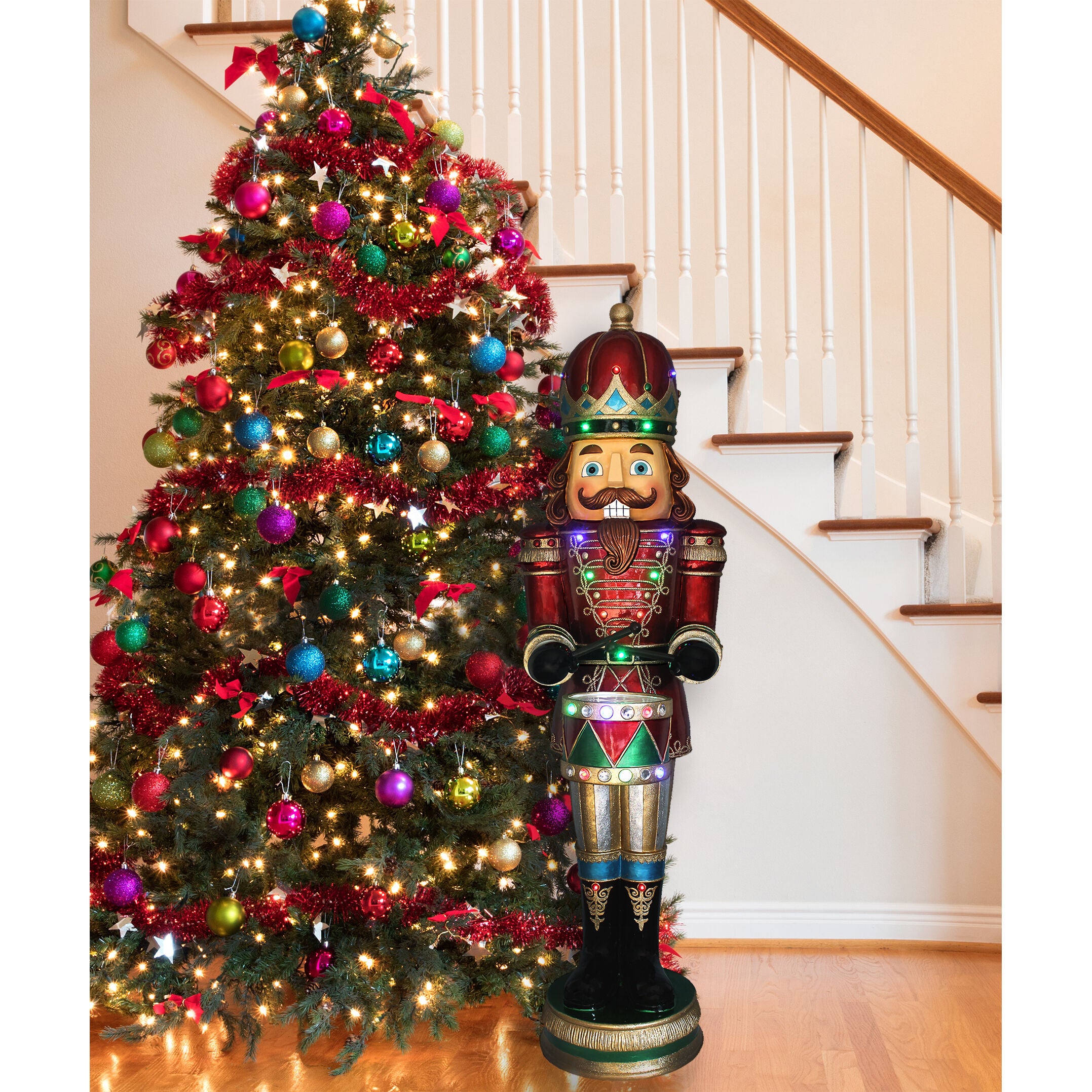 Fraser Hill Farm -  Indoor/Outdoor Oversized Christmas Decor, 61-In. Nutcracker Playing Snare Drum w/Moving Hands, Music, Timer, 20 LED Lights