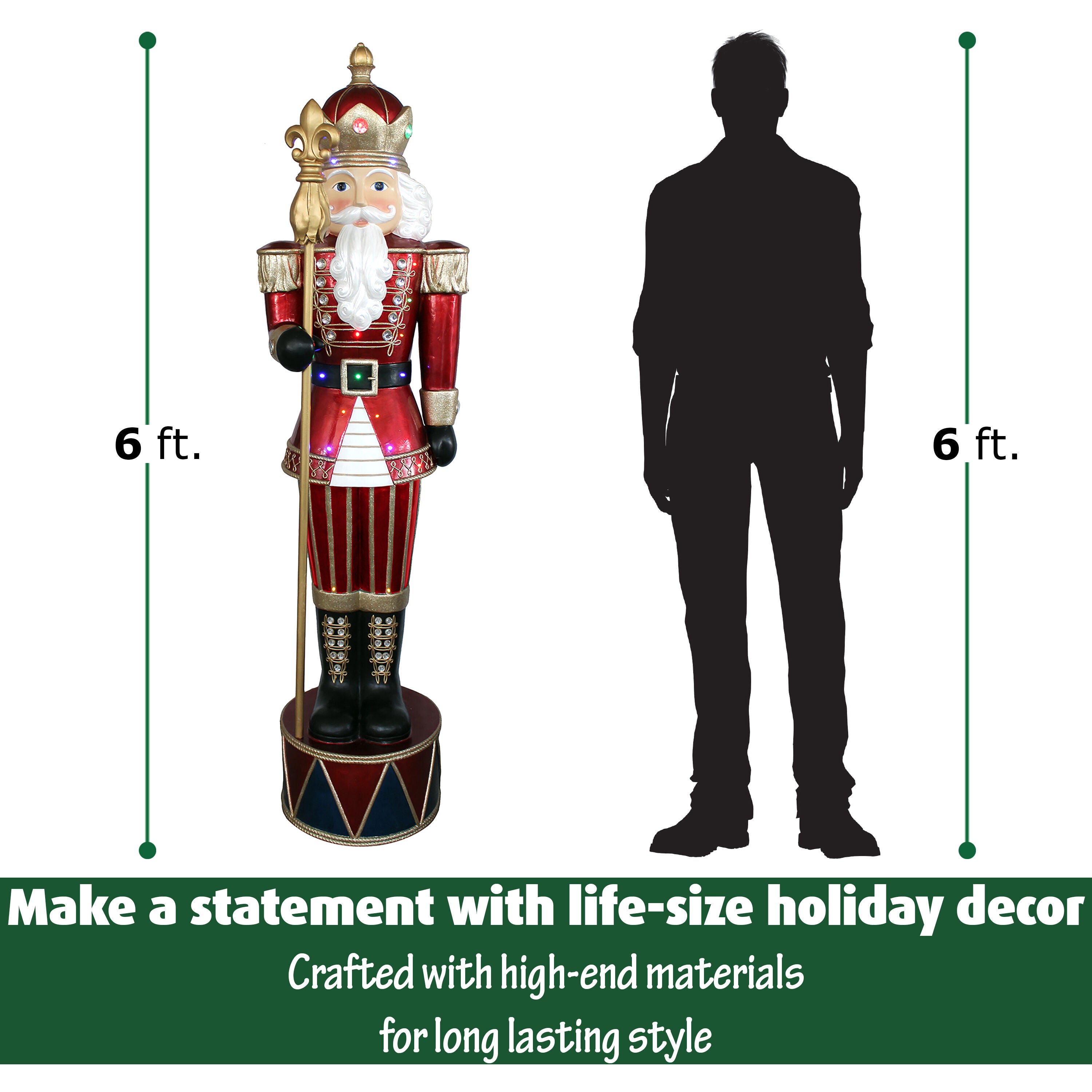Fraser Hill Farm -  Indoor/Outdoor Oversized Christmas Decor, 6-Ft. Jeweled Nutcracker Greeter with Staff and 22 Long-Lasting LED Lights