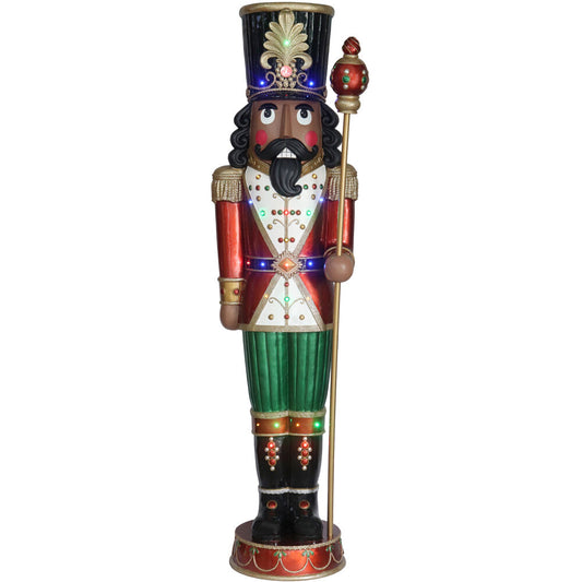 Fraser Hill Farm - 76-inch Resin African American Nutcracker Figurine Holding Staff with Built-in Multicolor LED Lights