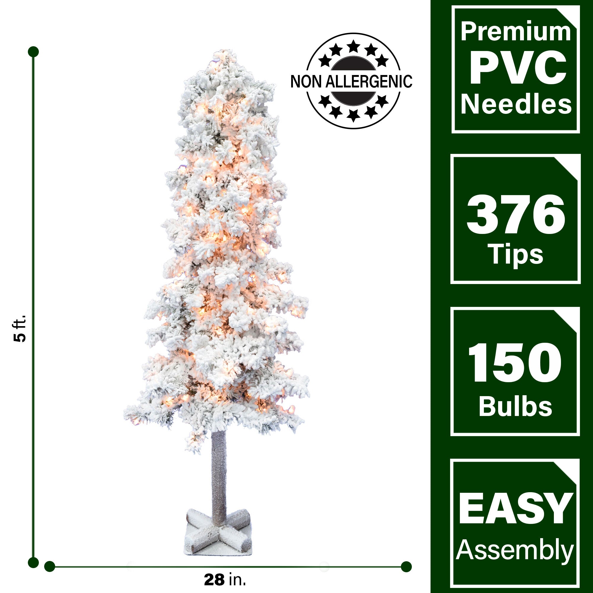 Fraser Hill Farm -  5.0-Ft Snowy Alpine Snow Flocked Christmas Tree with Lifelike Trunk Base and Clear Lights, Set of 2