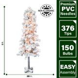 Fraser Hill Farm -  5.0-Ft Snowy Alpine Snow Flocked Christmas Tree with Lifelike Trunk Base and Clear Lights, Set of 2