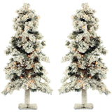 Fraser Hill Farm -  6.0-Ft Snowy Alpine Snow Flocked Christmas Tree with Lifelike Trunk Base and Clear Lights, Set of 2