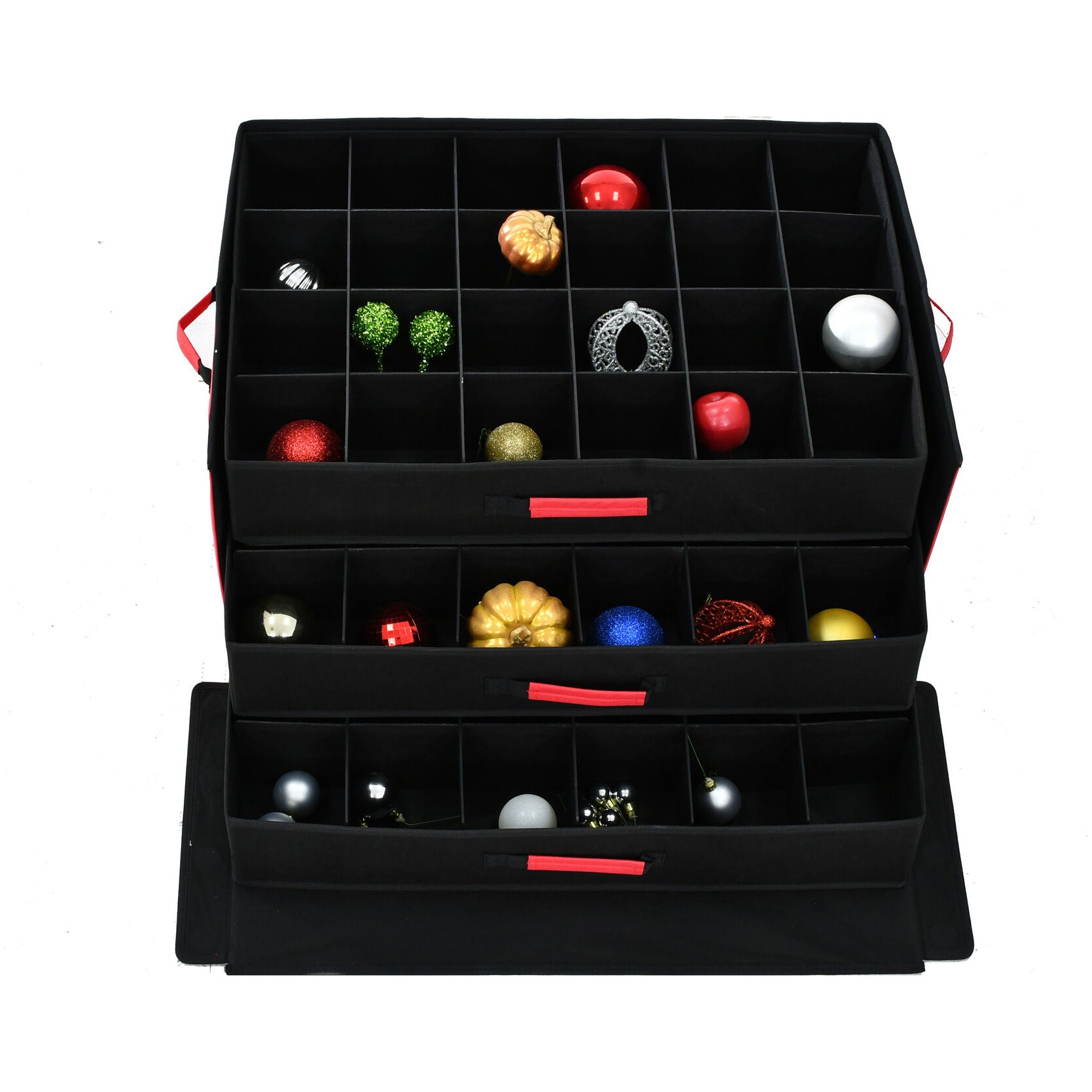 Fraser Hill Farm Christmas Ornament Storage Box with 3 Drawers and  Removable Dividers, Red, FFSBORN027-RD