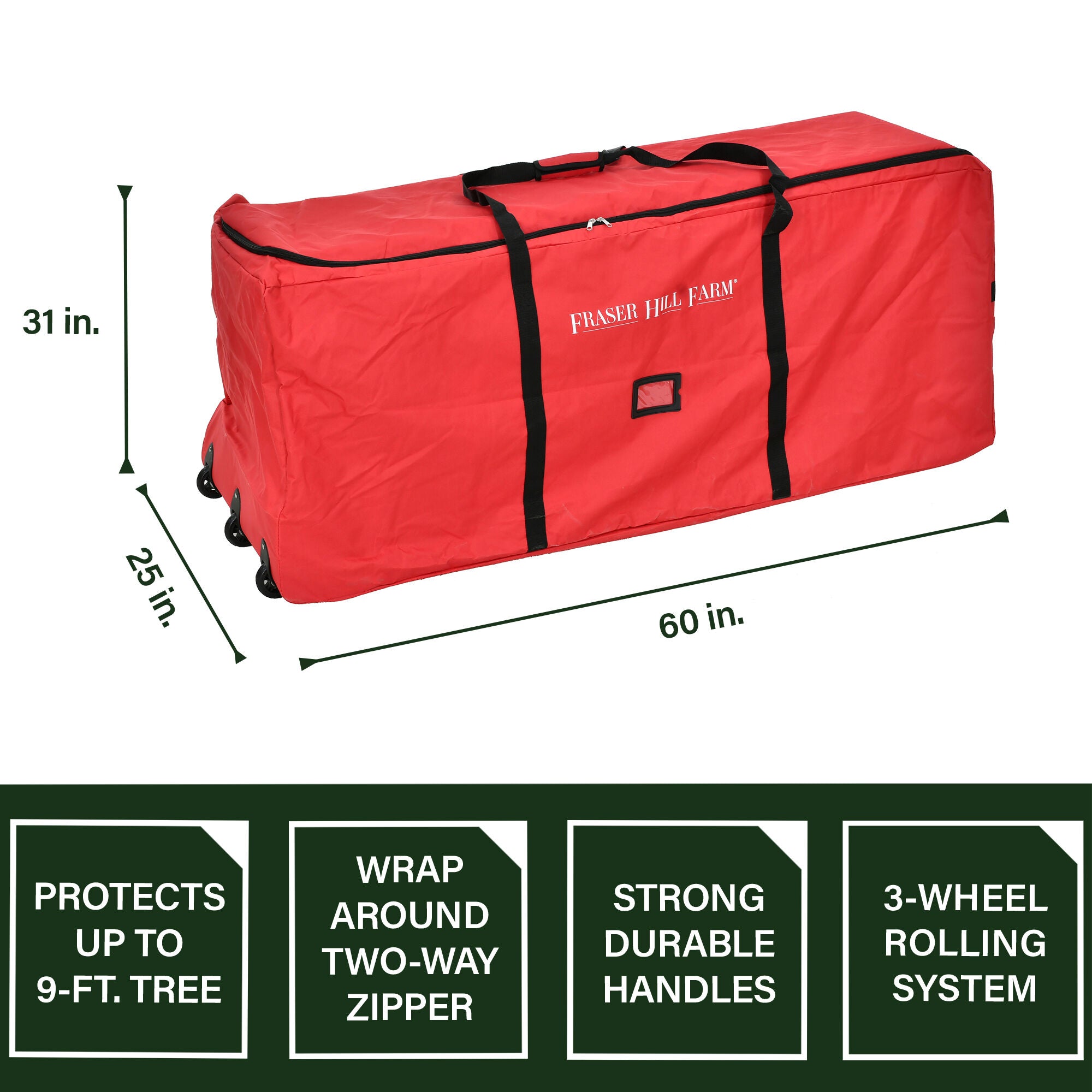 Fraser Hill Farm -  3-Wheel Rolling Storage Bag for Christmas Trees Up To 9 Feet, Red